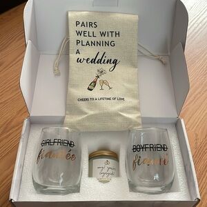 Fiancée and Fiancé Glass Set with Candle Wine bottle and gift bag!